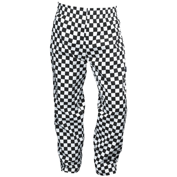 white and black checkered trousers