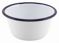 12cm White Enamel Round Pie Dish with Blue Rim