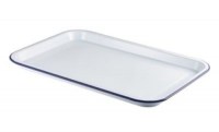 White Enamel Serving Tray with Blue Rim