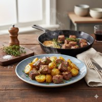 Topaz Blue with Garlic Butter Steak Bites with Golden Potatoes