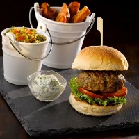 Porcelain Serving Buckets with Burger on natural edge slate