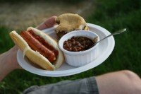 Bagasse Fibre Board Paper Plate with food in use