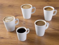 Conical Mugs of various sizes with beverages.